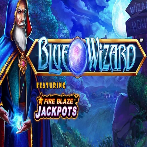 Blue Wizard Fire Blaze Jackpots logo by Rarestone Gaming at Kingmaker Casino